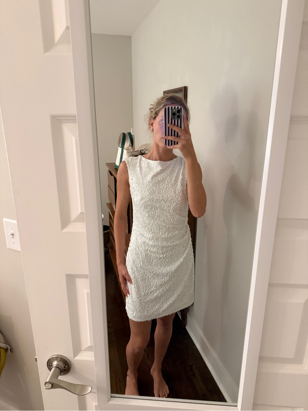 David Meister White Sequin Sleeveless Mini Dress